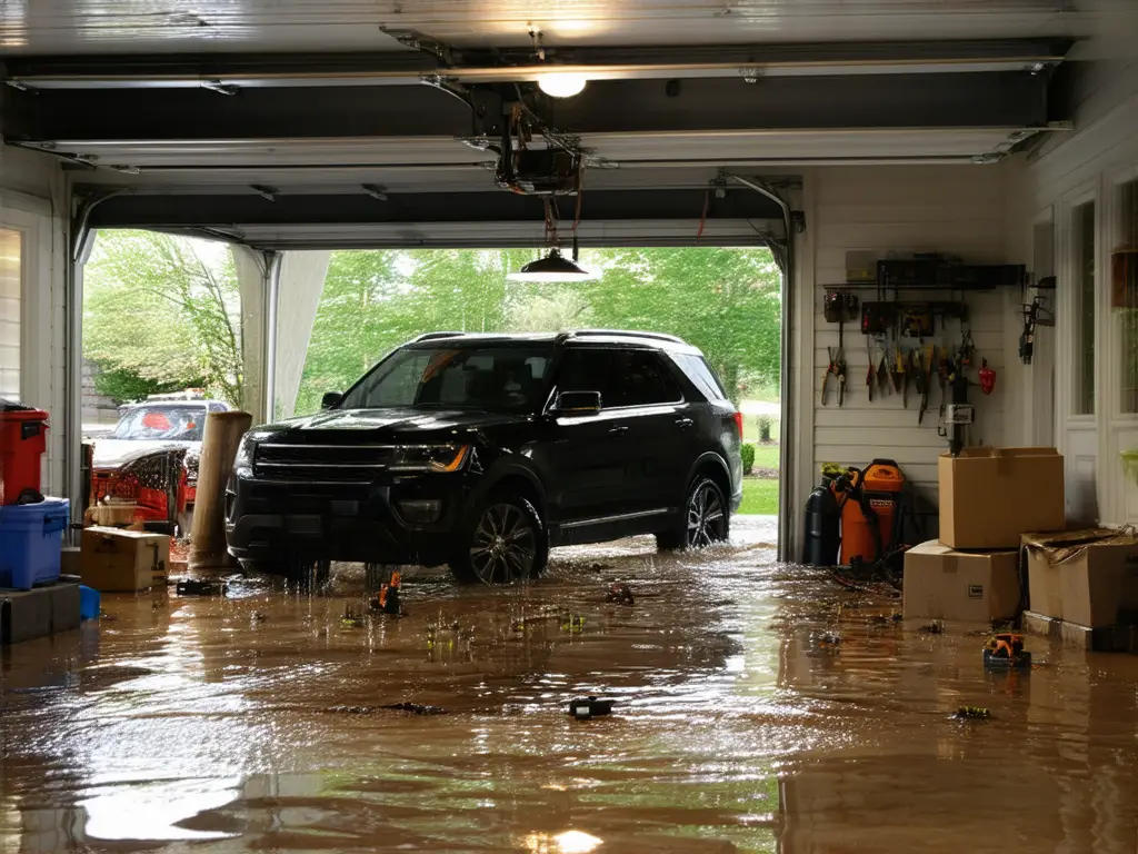 Garaje inundado por lluvias intensas y entrada de agua por rampa