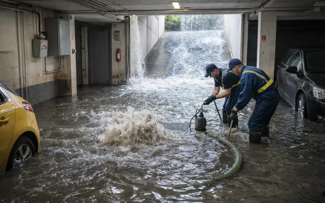Inundacion en garaje por lluvias y bombeo de agua de emergencia